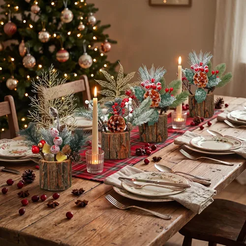Vista 5 de Tioncy 6 Set Christmas Floral Table Centerpiece Bulk Bark Frosted Woodland Artificial Holly Red Berry Pine Cone Greenery Stems Picks Arrangement