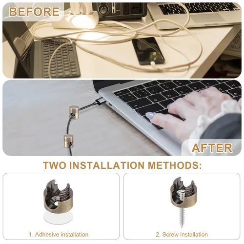Vista 5 de 3 anclajes de cable para escritorio, soportes de cable de cargador de bronce