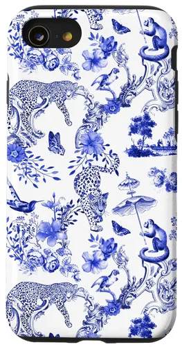 Vista 18 de French Blue Toile Chinoiserie with Flowers, Monkey, Leopards Case for iPhone 17