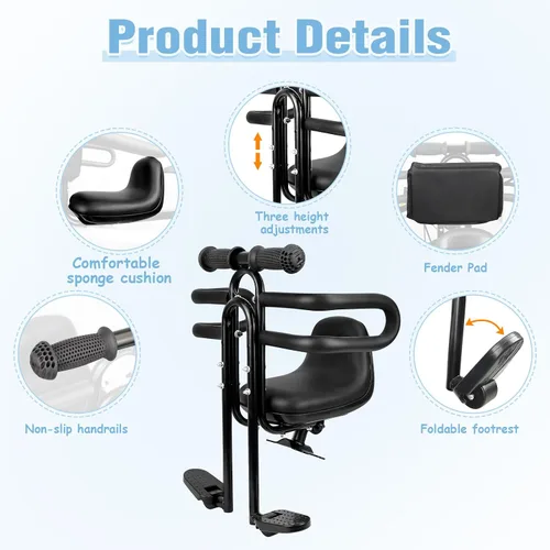 Vista 2 de MEGHNA Bike Child Seat Front Mounted for Adult Bike Comfortable Baby Bike Seat with Backrest Adjustable Height and Position Bicycle Child Seat with