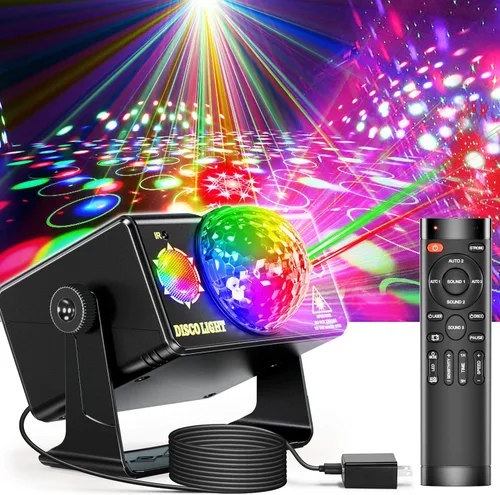 Vista 7 de Luces de fiesta para DJ, bola de discoteca, luz LED de escenario estroboscópica activada por sonido con control remoto para Navidad, club, bar