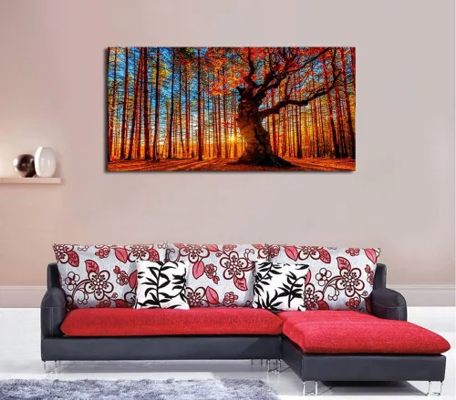 Vista 2 de Arte de pared de bosque grande, bosque y puesta de sol, lienzo, cuadros de hojas rojas, paisaje, lienzo, obra de arte contemporánea de naturaleza