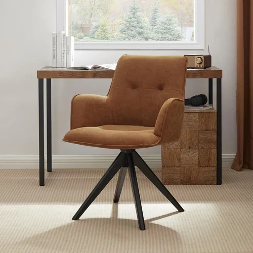Vista 11 de Zouron Silla de escritorio giratoria sin ruedas, silla de oficina tapizada con patas de madera de roble, sillón moderno para espacios pequeños