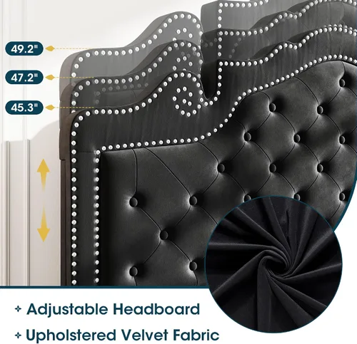 Vista 4 de WEEWAY Base de cama de plataforma de tamaño matrimonial con tiara ajustable de terciopelo, cabecero curvado y alta resistencia, botón tapizado