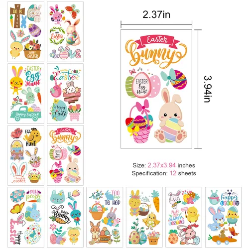 Vista 4 de 66 tatuajes de Pascua, 12 hojas coloridas de huevos de conejo, pollo, flores de primavera, calcomanías de mariposa para relleno de huevos de Pascua