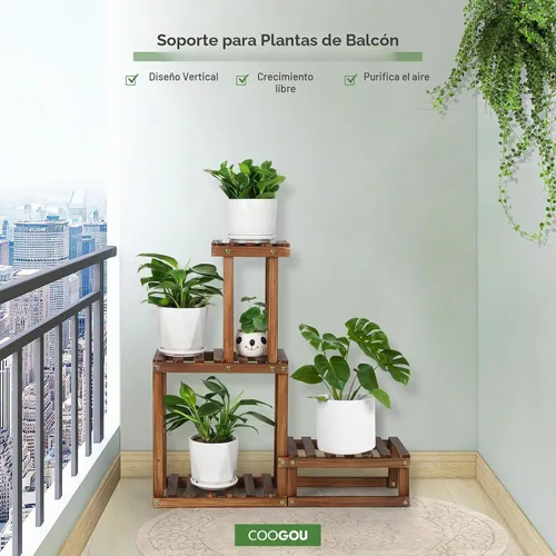 Vista 5 de Soporte de madera para plantas para interiores y exteriores, 4 niveles, estante para macetas esquineras, soporte para macetas para sala de estar