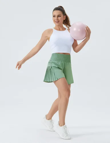 Vista 8 de THE GYM PEOPLE Pantalones cortos de entrenamiento de cintura alta para mujer, plisados, con forro de malla y bolsillo con cremallera