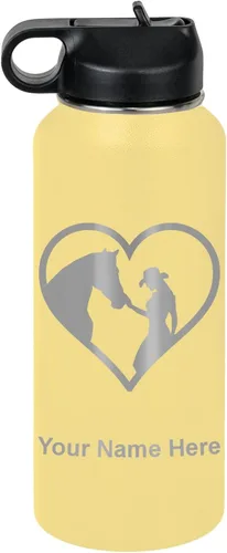 Vista 57 de LaserGram Botella de agua personalizada, corazón de vaquera de caballo, acero inoxidable de doble pared aislada al vacío con popote superior, regalo