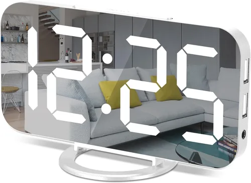 Vista 9 de Reloj despertador digital, relojes electrónicos con espejo LED de 7 pulgadas, con 2 puertos de carga USB, modo de suspensión, ajuste automático