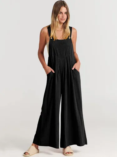 Vista 7 de ANRABESS Overol para mujer, de pierna ancha, casual, de verano, de lino, sin mangas, con tirantes, ropa 2024
