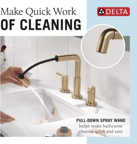 Vista 2 de Delta Nicoli - Grifo de baño de oro cepillado con rociador, grifo de fregadero de baño de 8 pulgadas con 3 agujeros y rociador extraíble, desagüe