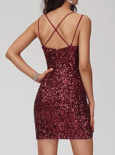 Vista 2 de TIRAS Vestido de fiesta de graduación con lentejuelas brillantes y tirantes delgados dobles para adolescentes, vestido corto con purpurina sexy