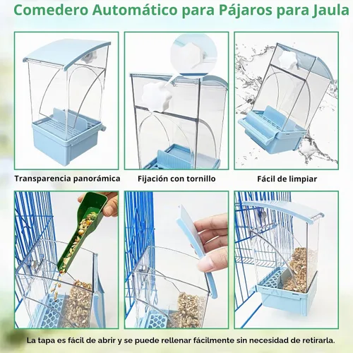 Vista 5 de Hamiledyi Comedero automático para pájaros sin ensuciar, contenedor de comida de semillas de loro acrílico transparente con jaula de perca