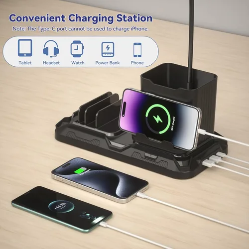 Vista 6 de KDD Lámpara de escritorio con puertos de carga USB A y C, luz de escritorio de lectura con bolígrafo y soporte para teléfono, luces de brillo