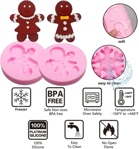 Vista 3 de Molde de silicona de fondant de hombre de jengibre navideño, 5 paquetes con copo de nieve, Papá Noel, moldes de chocolate para hornear galletas