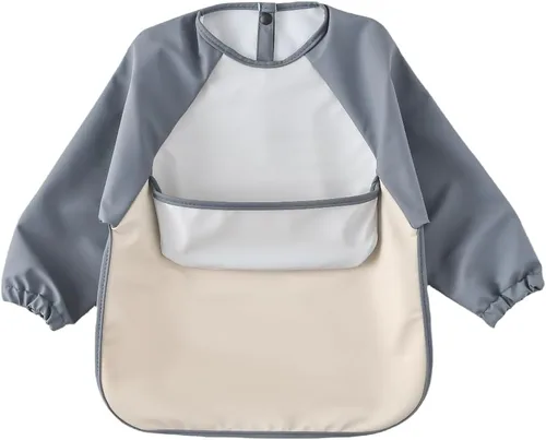 Vista 8 de Baberos impermeables para bebés, babero de alimentación de manga larga con recogedor de alimentos, se limpia y lavable