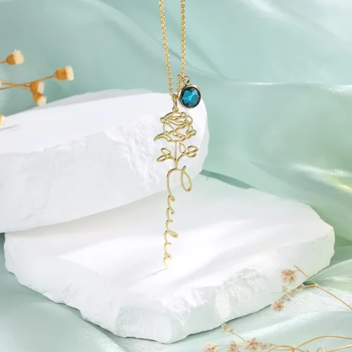 Vista 5 de Collar de nacimiento floral personalizado con nombre grabado y piedra natal, collar de promesa personalizado para mujeres, novia, mamá, esposa