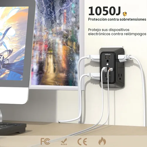 Vista 6 de JcBlaon Extensor de Enchufe Protector de Sobretensiones - Divisor de 6 Salidas con 4 Puertos USB (2 USB C), Expansor de Enchufes Múltiples Cargador