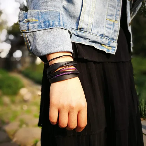 Vista 7 de Pulsera de piel auténtica para hombre y mujer, multicapa, ajustable, con cuerda multicolor