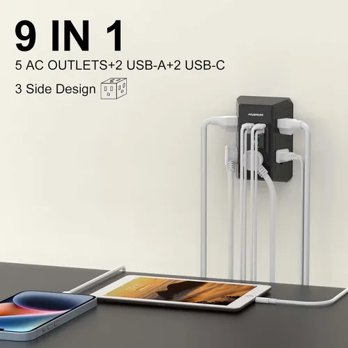 Vista 2 de POWERIVER - Extensor de sobretensiones multitoma de corriente con 5 salidas de CA y 4 puertos USB (2 USB C), 1,680 julios, divisor de salida