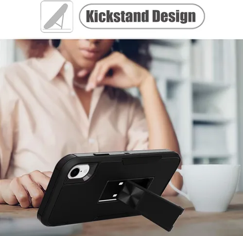 Vista 3 de Funda para iPhone XR, Apple XR con protector de pantalla de vidrio templado, soporte magnético resistente de doble capa a prueba de golpes para Negro