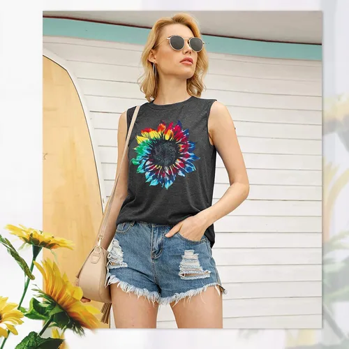 Vista 4 de JINTING - Camisetas sin mangas con estampado de girasoles para mujer de verano, camisetas sin mangas, con estampado y estilo bohemio