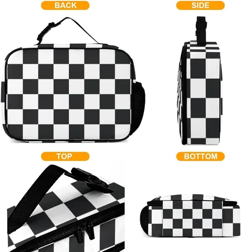 Vista 4 de Lonchera reutilizable con diseño a cuadros y negro y blanco con aislamiento, bolsa de almuerzo para comida y comida, bolsa de mano para mujeres