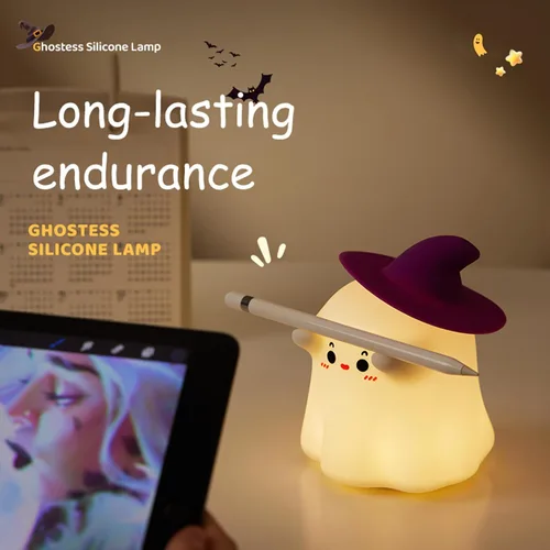 Vista 6 de Luz nocturna fantasma para niños: bonita lámpara LED - Luz nocturna de silicona regulable para guardería - Lámpara táctil de noche de noche