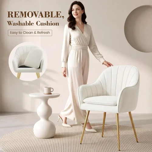 Vista 4 de Vanity Chair, White Vanity Chair with Back, Comfy Makeup Chair for Bedroom Beige