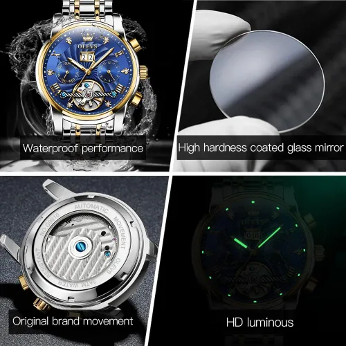 Vista 6 de OLEVS Relojes automáticos para hombres, reloj de pulsera mecánico de esqueleto de lujo dorado con cuerda automática, diamante luminoso, impermeable
