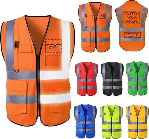 Vista 9 de Chaleco de seguridad con logotipo personalizado para hombre, chaleco de trabajo protector de alta visibilidad con reflectante