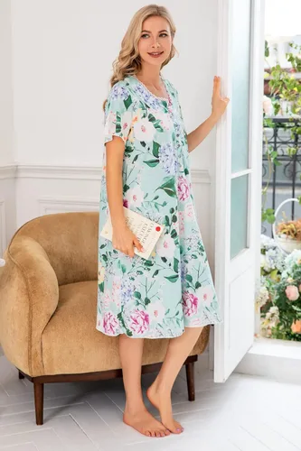 Vista 3 de COSUNIONY Camisones para mujer, de algodón suave, manga corta, para dormir, casual, con bolsillos