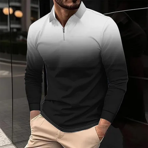 Vista 2 de Camisas para hombres de moda grande y alto de manga larga, color degradado, con cremallera de un cuarto, camiseta polo casual suelta deportiva