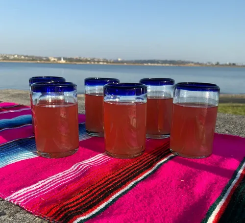 Vista 4 de Vasos mexicanos soplados a mano, juego de 6 vasos de jugo con bordes azul cobalto (8 onzas cada uno)