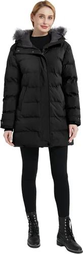 Vista 2 de wantdo Abrigo de invierno acolchado largo para mujer, chaqueta acolchada con capucha de piel sintética