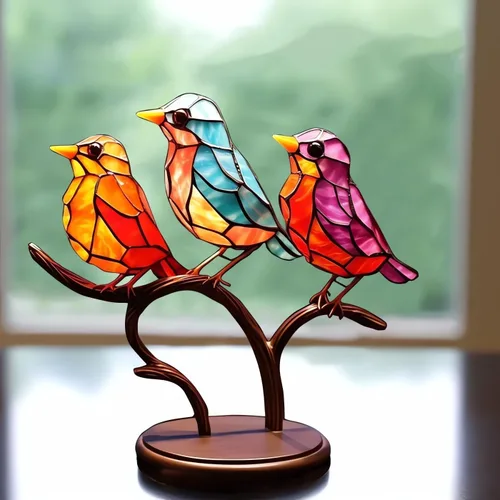 Vista 5 de Adornos de escritorio de pájaros en rama, acrílico manchado de doble cara, estatua multicolor de colibrí, escultura de pájaro de arte de metal