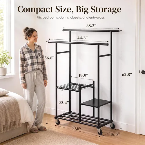 Vista 5 de HOKEEPER Clothes Rack, Double Rods Rolling Clothing Rack for Hanging Clothes, Portable Garment Rack with 3-Tier Storage Shelves, Free Standing