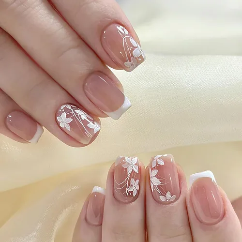 Vista 12 de 24 uñas postizas cortas a presión, color rosa RTKHFZE con diseño de mariposa blanca y diamantes de imitación, uñas postizas cuadradas de cobertura