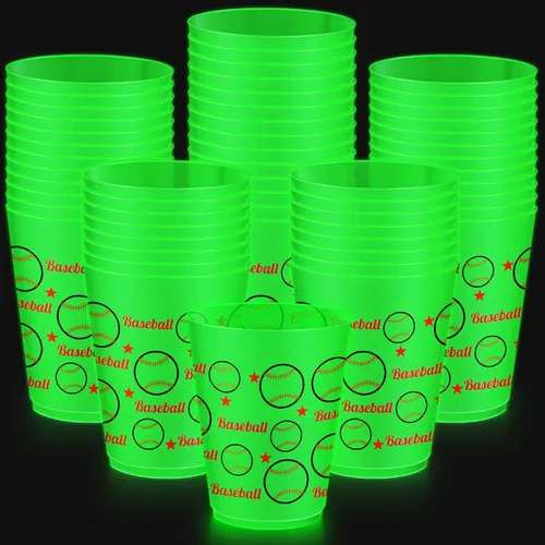 Vista 11 de 24 vasos de béisbol que brillan en la oscuridad, vasos de plástico esmerilados de 16 onzas, vaso verde reutilizable con patrones de estrellas
