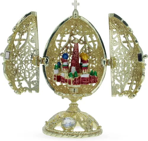Vista 9 de BestPysanky Estatuilla dorada de huevo de Pascua de la iglesia ortodoxa Bejeweled