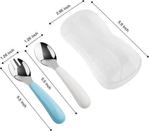 Vista 2 de Kirecoo Juego de 2 utensilios para niños pequeños, tenedores y cucharas para niños, juego de cubiertos de acero inoxidable para niños, cubiertos