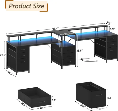 Vista 2 de YOMILUVE Escritorio para Computadora de 98.4" de Largo con 9 Cajones, Escritorio de Juegos para 2 Personas con Luces LED y Toma de Corriente