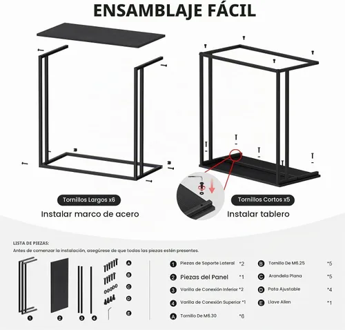 Vista 8 de Mesa auxiliar en forma de C, mesa auxiliar resistente con marco de metal Negro