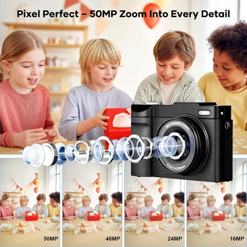 Vista 2 de Cámara digital 4K para fotografía de enfoque automático, cámara compacta de 50 MP con pantalla abatible de 180°, zoom digital de 16X, cámara