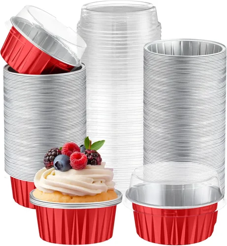 Vista 9 de Paquete de 200 forros de aluminio para cupcakes con tapas, color negro, liso 5 oz Round Baking Cup, Disposable Ramekin Container, Wedding