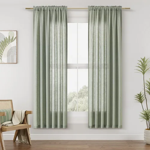 Vista 81 de Cortinas de lino verde aguamarina de 84 pulgadas de largo, juego de 2 paneles semitransparentes con bolsillo para barra para comedor, decoración