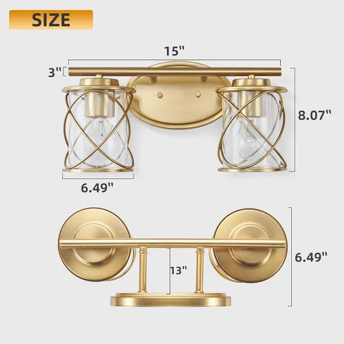 Vista 7 de mavcadonf Luces de Tocador de Baño de 2 Luces, Lámparas de Baño sobre el Espejo, Luz de Tocador Dorado Cepillado, Luces de Pared de Estilo Rústico
