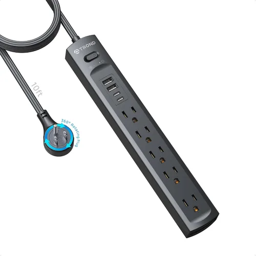 Vista 12 de TROND - Tira de alimentación con protector de sobretensiones, enchufe plano giratorio 360°, 5 tomas ampliamente espaciadas con 2 USB C y 2 USB A