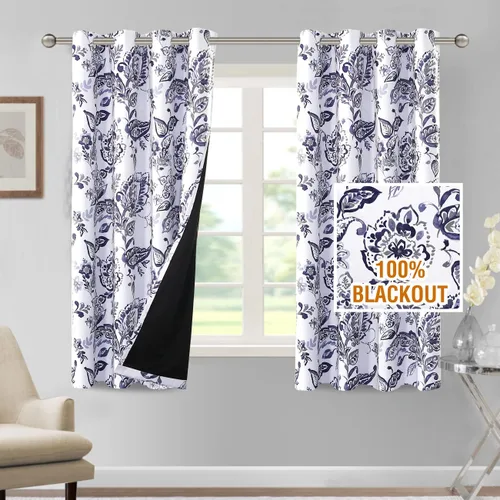 Vista 19 de H.VERSAILTEX - Cortinas 100% blackout con estampado floral de cattleyas, 45 pulgadas de largo, juego de 2 paneles térmicos con forro negro, a prueba