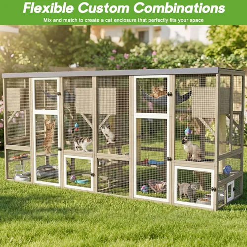 Vista 8 de Gran recinto para gatos Catio para exteriores, patio para gatos con 4 niveles, hamaca para condominio y postes rascadores, techo plano de madera
